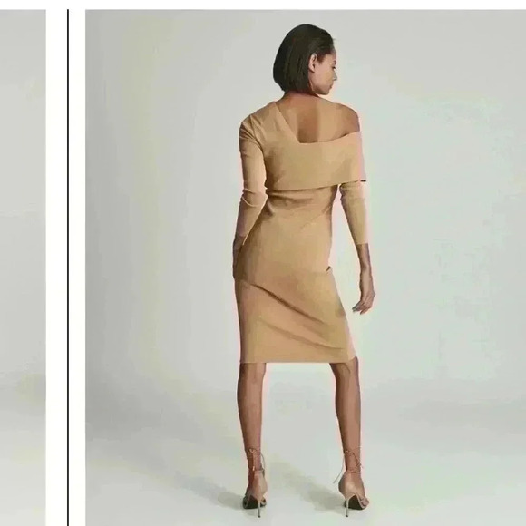 Reiss Ella Dress One Shoulder Long Sleeve BodyCon Knit Camel Midi Academia Sexy - Picture 2 of 12